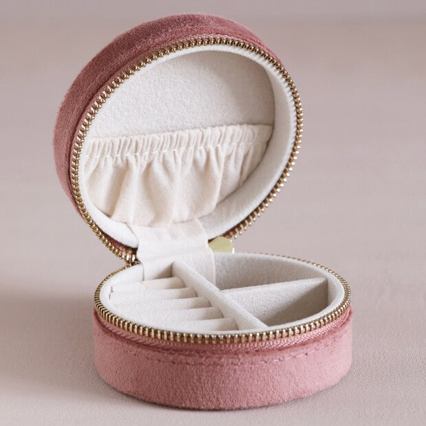 Lisa Angel - Rose Pink Velvet Round Travel Jewellery Case