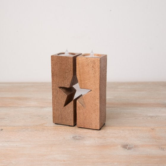 TWIN WOODEN T-LIGHT HOLDER WITH STAR CUT OUT