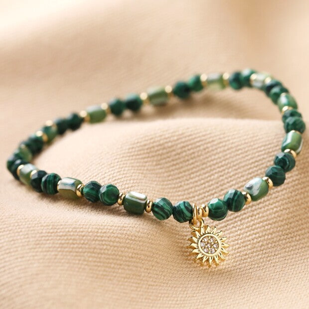 Green Semi-Precious Beaded Bracelet with Sun Charm in Gold
