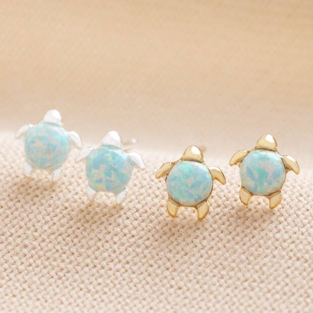 Green Opal Turtle Stud Earrings: Gold