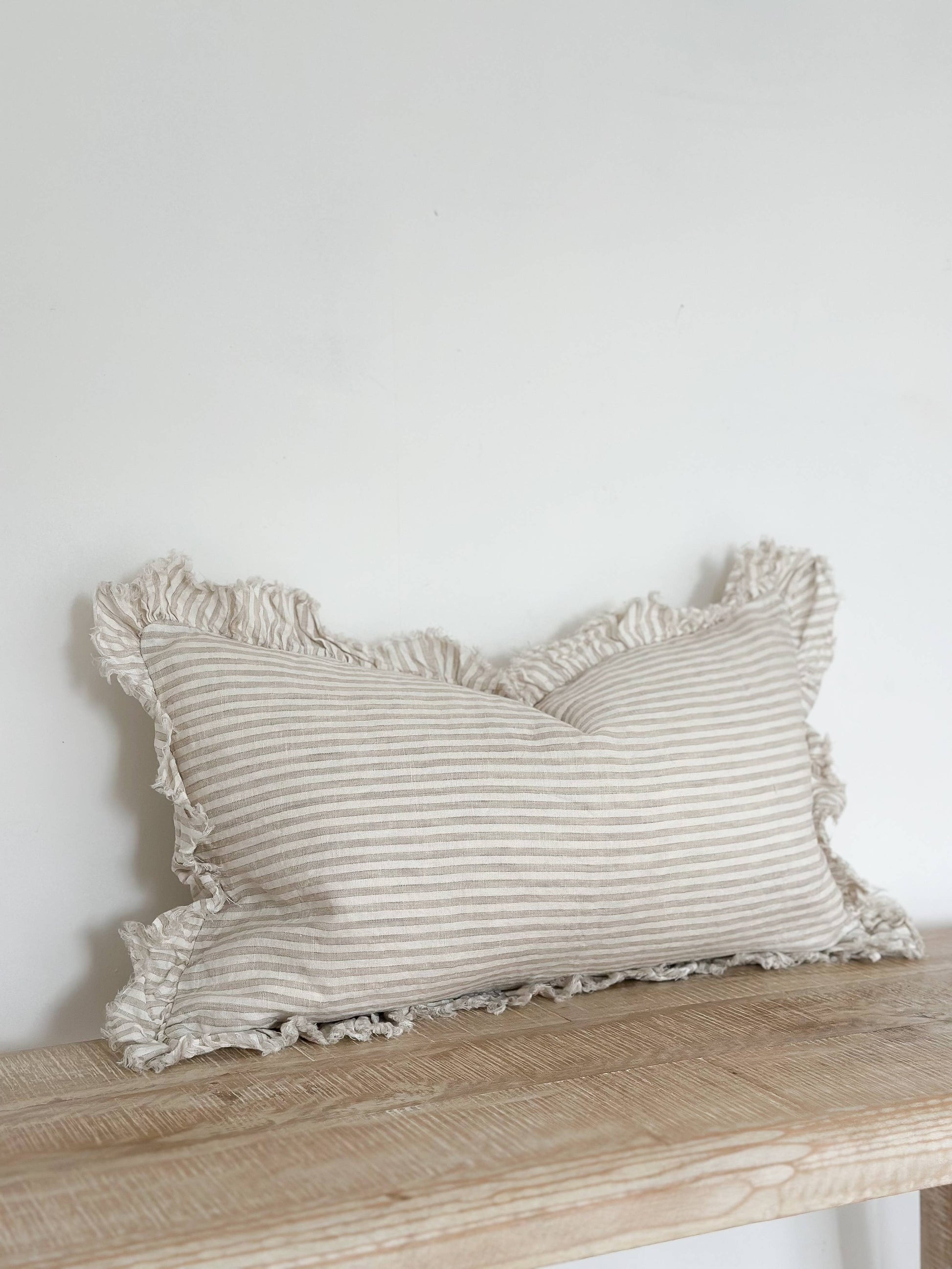 Hallie Ruffled Linen Cushion Cover 50x30 – Natural Beige Stripe