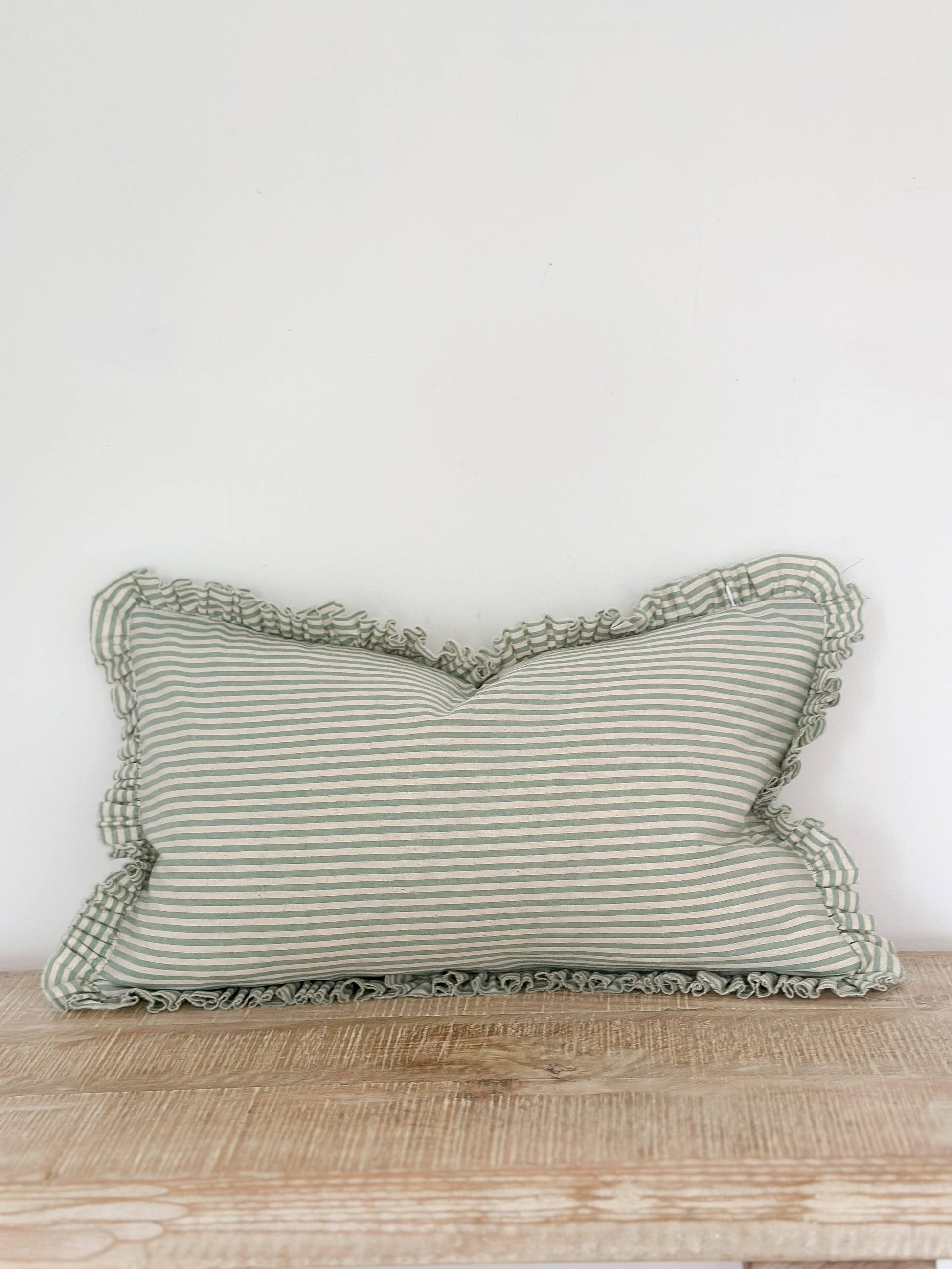 Darcy Ruffle Cotton Cushion Cover 50x30 – Sage Green Stripe