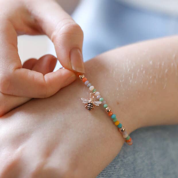 Colourful Beaded Bee Bracelet in Rose Gold