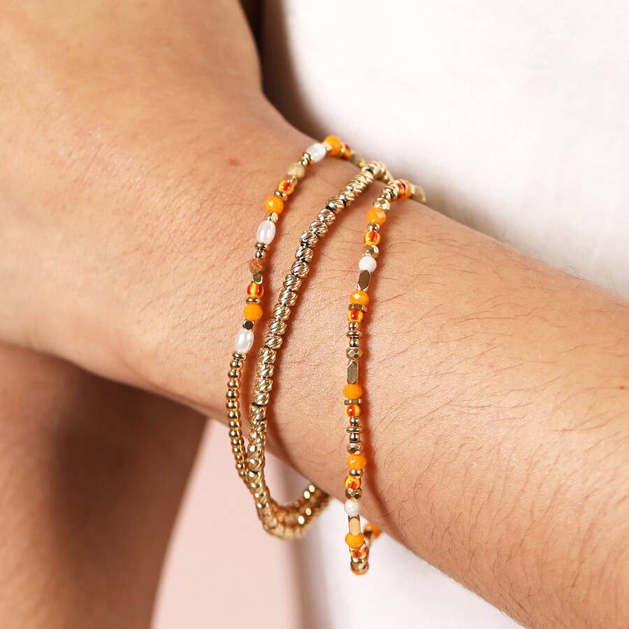 Stainless Steel Orange Layered Beaded Bracelets Gold