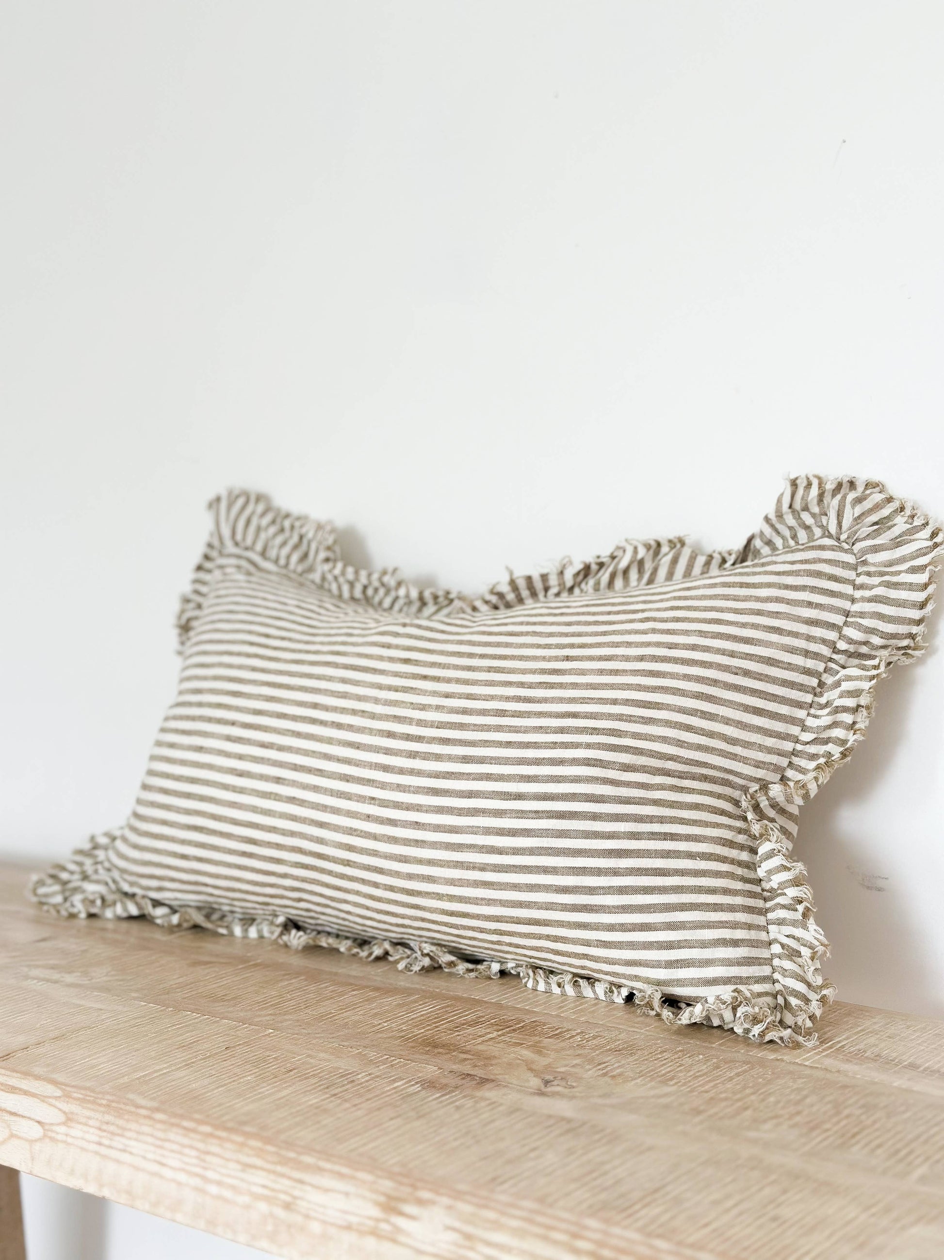 Hallie Ruffled Linen Cushion Cover  50x30 – Olive Stripe
