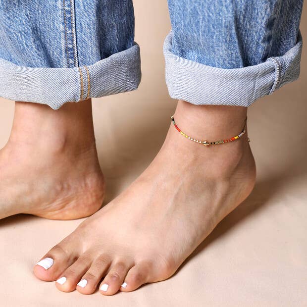 Multicoloured Miyuki Bead Cord Anklet in Gold