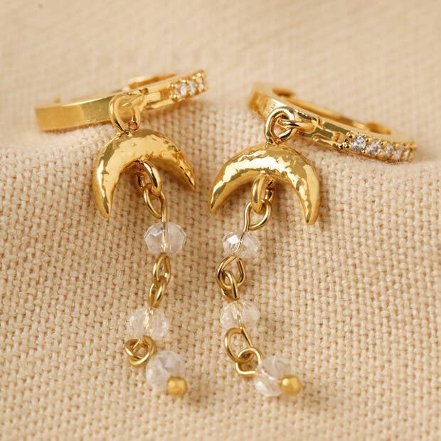 Crystal moon huggie earrings with chain/bead drop