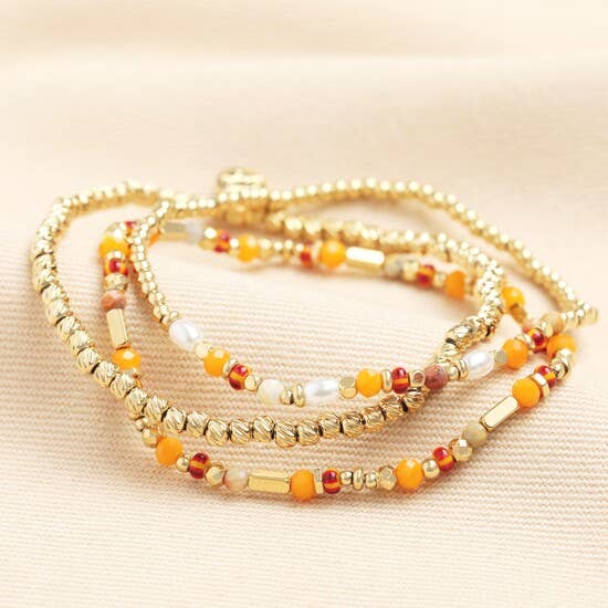Stainless Steel Orange Layered Beaded Bracelets Gold