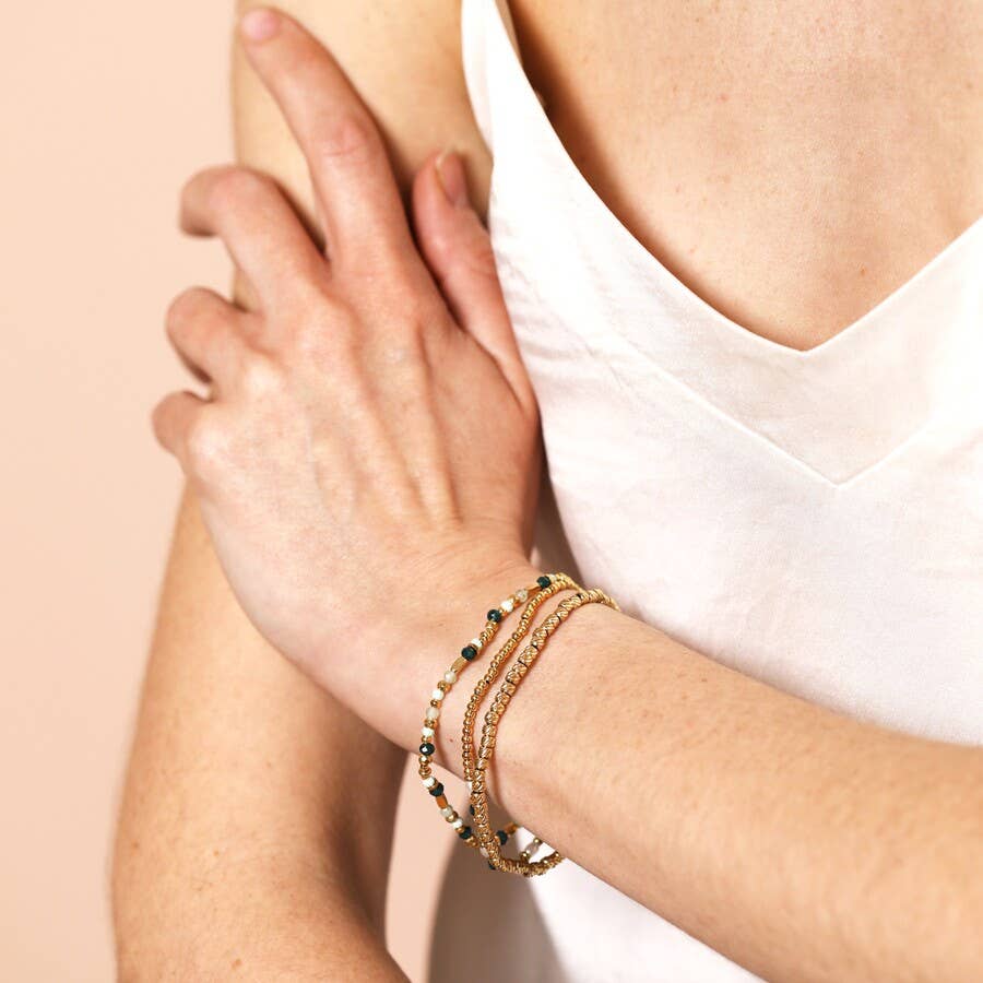 Stainless Steel Green Layered Beaded Bracelets Gold