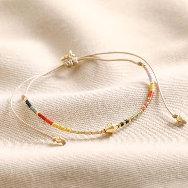 Multicoloured Miyuki Bead Cord Anklet in Gold