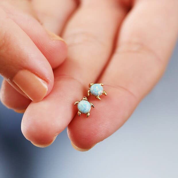Green Opal Turtle Stud Earrings: Gold