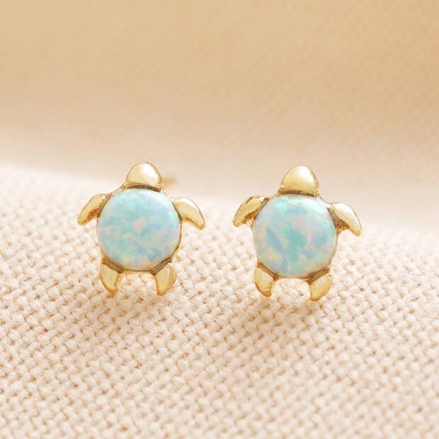 Green Opal Turtle Stud Earrings: Gold