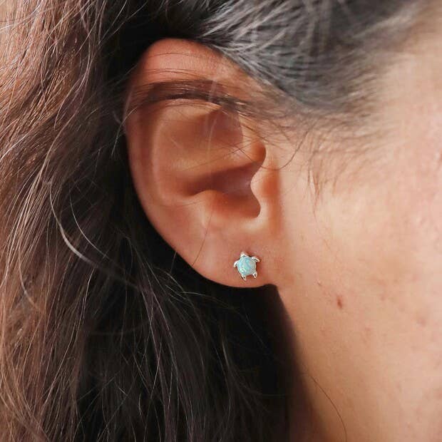 Green Opal Turtle Stud Earrings: Gold
