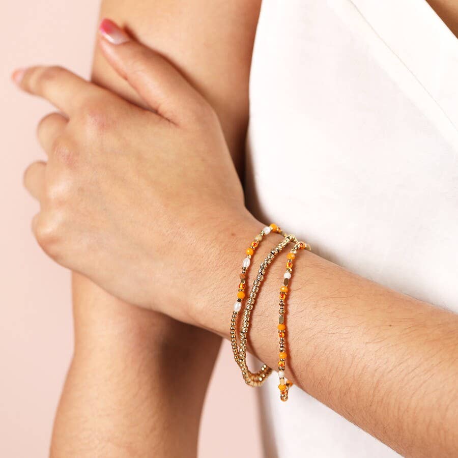 Stainless Steel Orange Layered Beaded Bracelets Gold