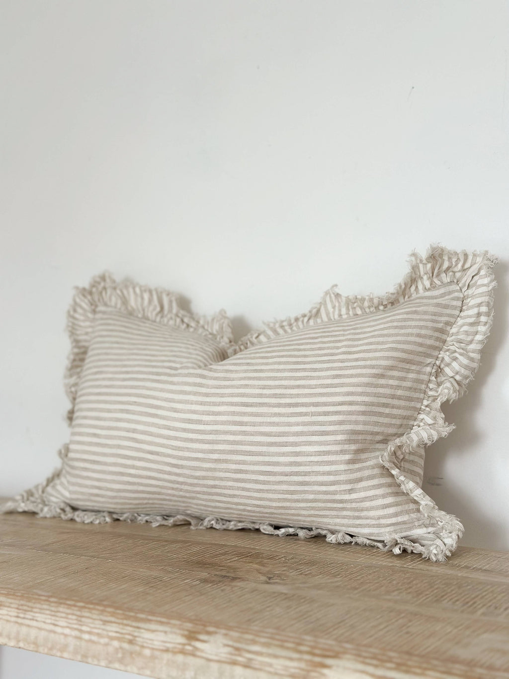 Hallie Ruffled Linen Cushion Cover 50x30 – Natural Beige Stripe