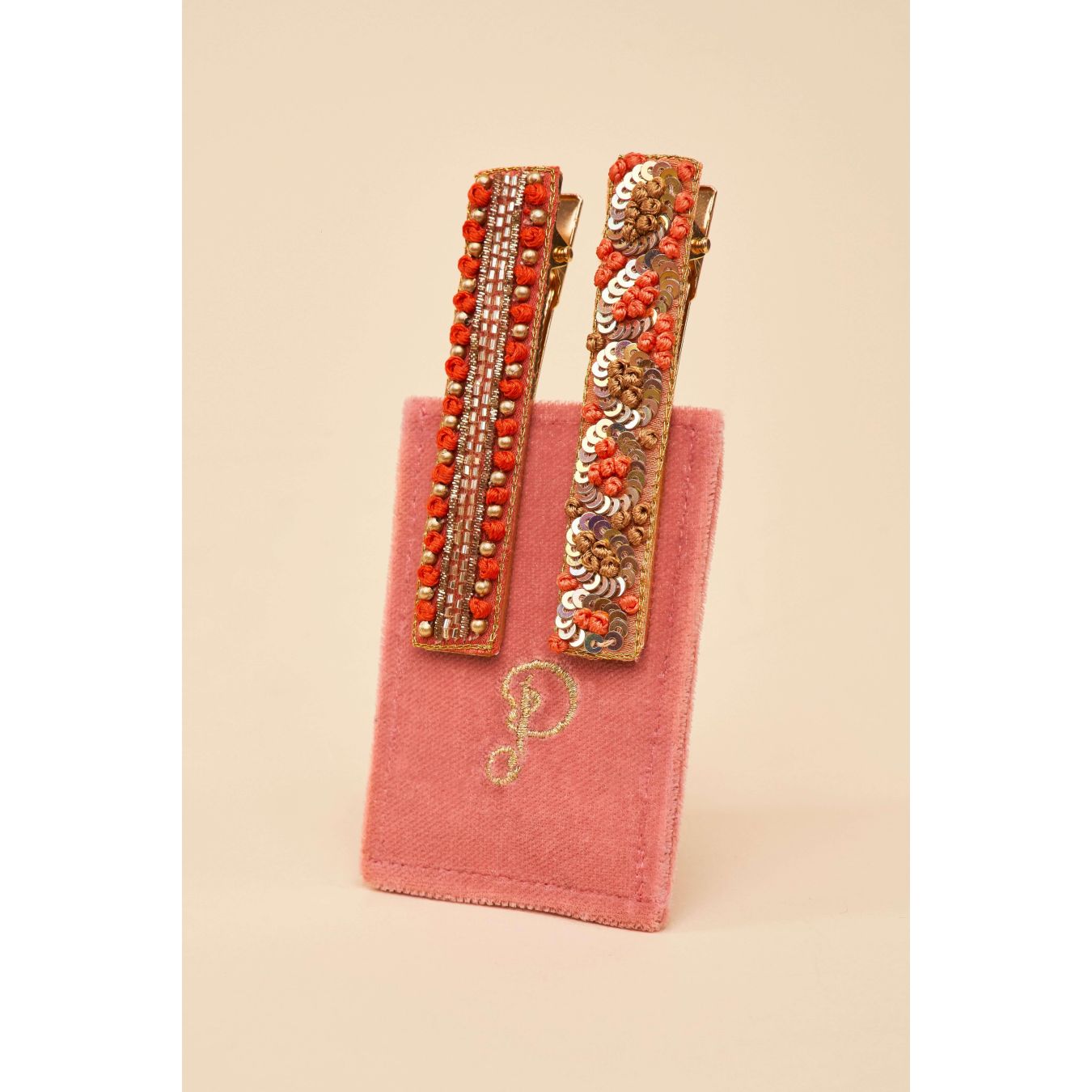 Powder: Narrow Jewelled Hair Bar (Set of 2) - Coral Ovals & Beads
