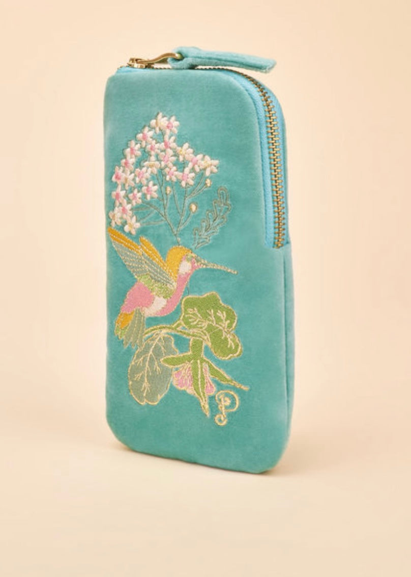 Powder: Velvet Embroidered Sunglasses Pouch - Hummingbird, Aqua