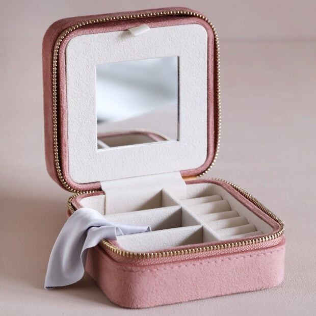 Lisa Angel - Rose Pink Velvet Square Travel Jewellery Case