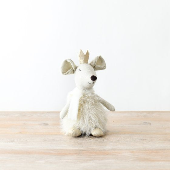 FABRIC SITTING MOUSE W/ GOLDCROWN, 30CM