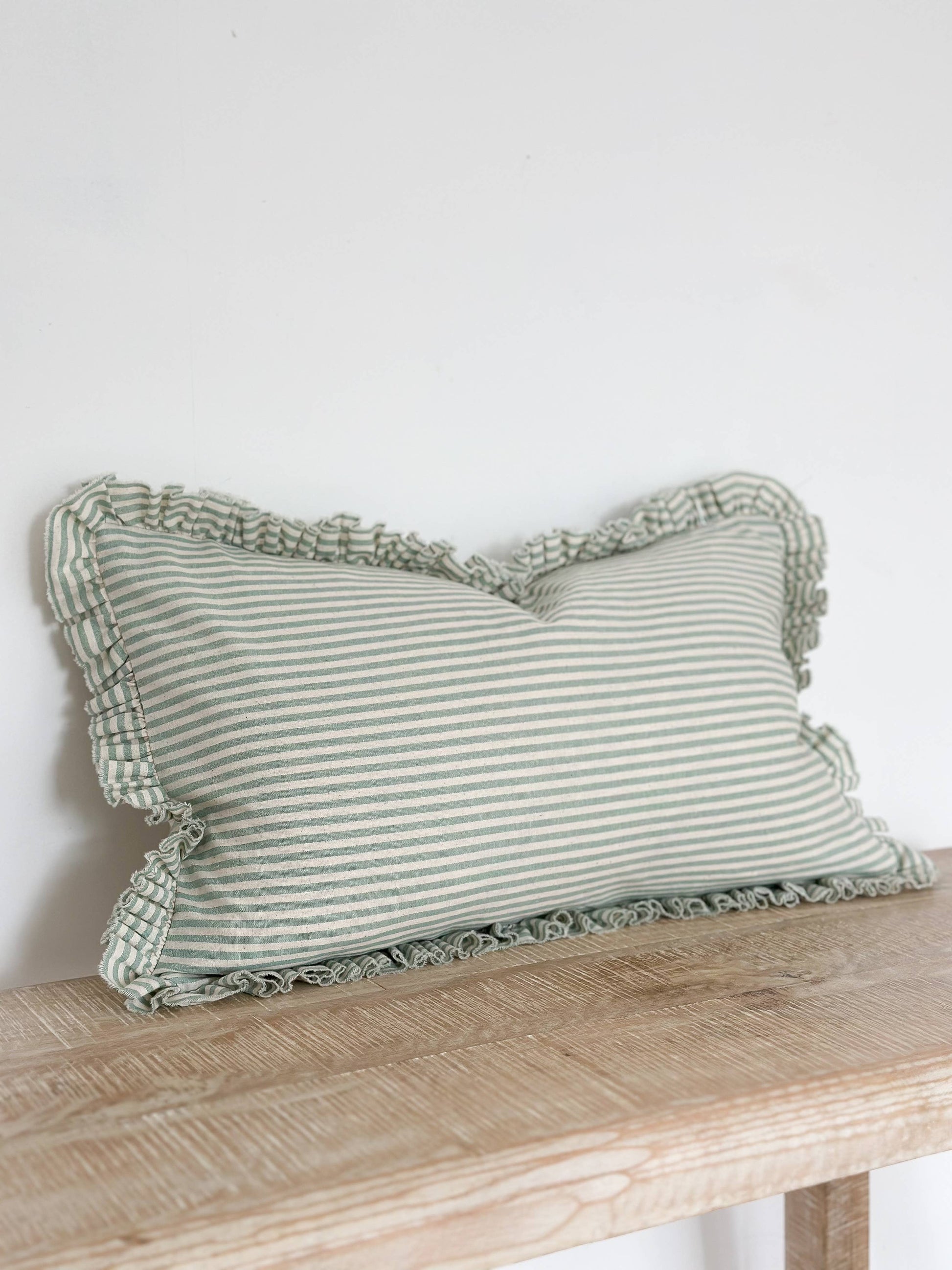 Darcy Ruffle Cotton Cushion Cover 50x30 – Sage Green Stripe
