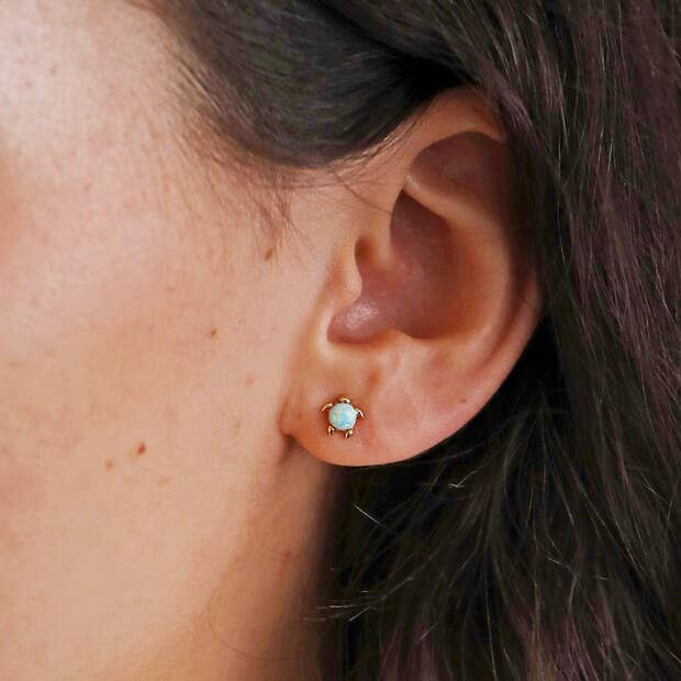 Green Opal Turtle Stud Earrings: Gold