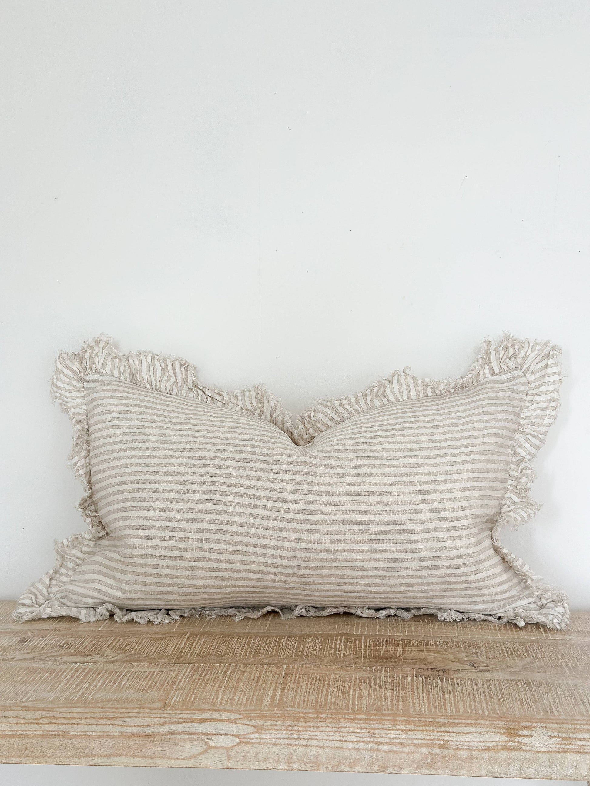 Hallie Ruffled Linen Cushion Cover 50x30 – Natural Beige Stripe