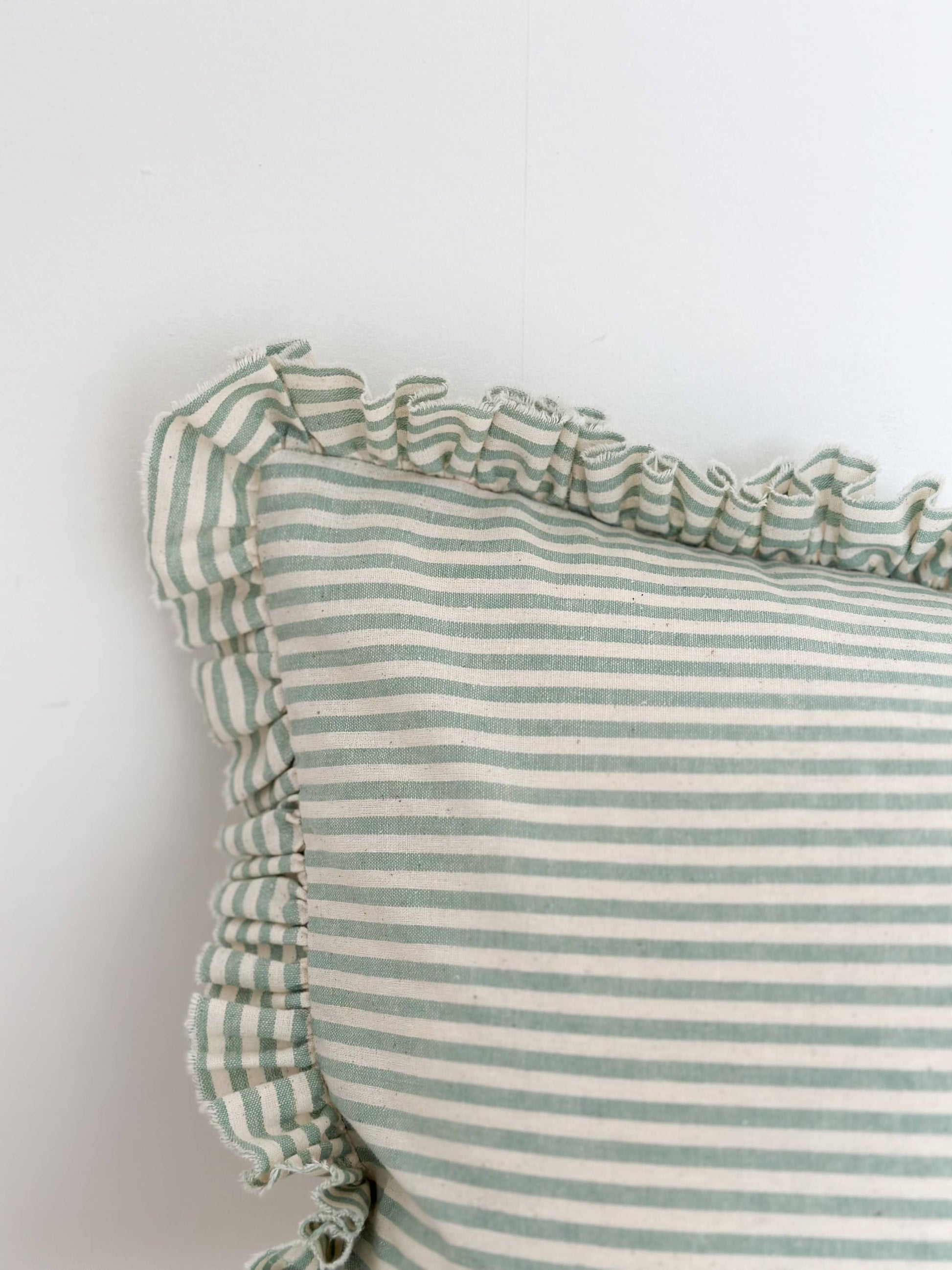 Darcy Ruffle Cotton Cushion Cover 50x30 – Sage Green Stripe