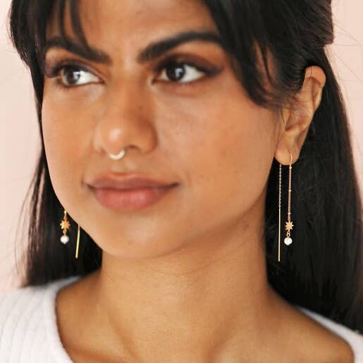Thread Through Star And Pearl Chain Earrings