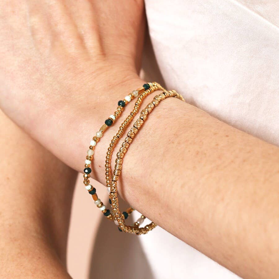 Stainless Steel Green Layered Beaded Bracelets Gold