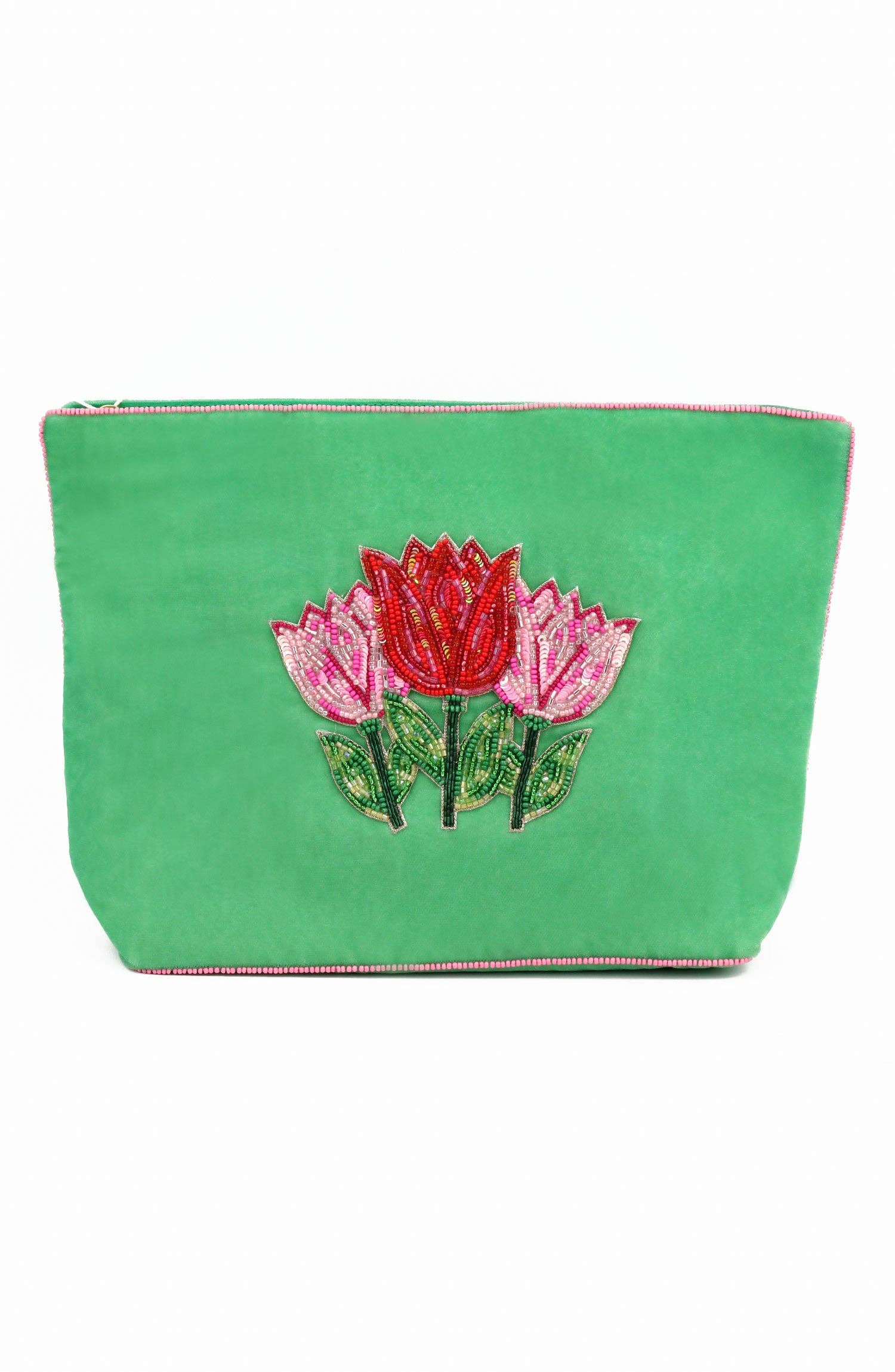 MULTI TULIPS ON GREEN LARGE POUCH