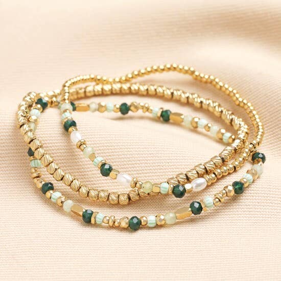 Stainless Steel Green Layered Beaded Bracelets Gold