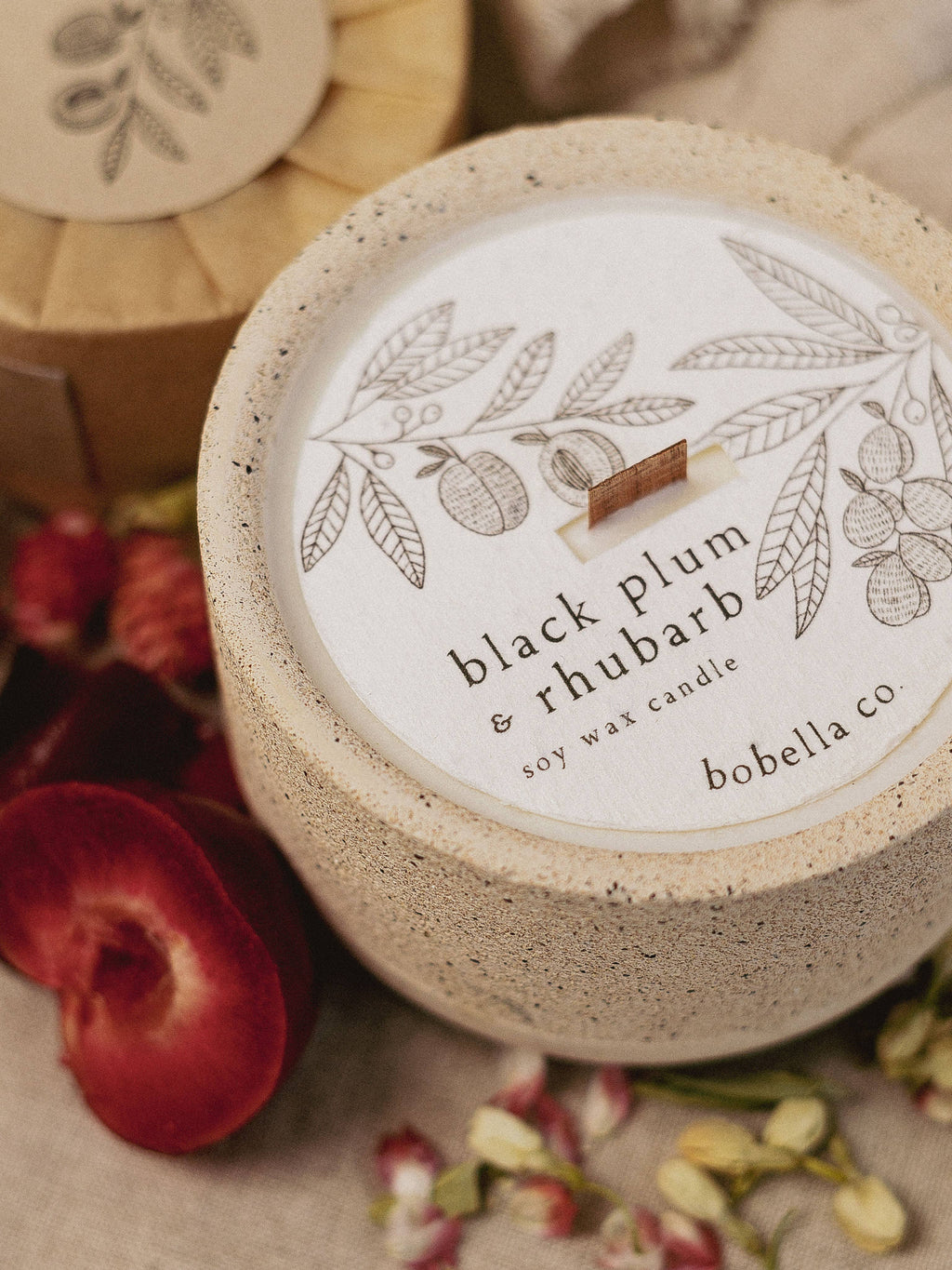 Stoneware Soy Wax Candle with Wooden Wick: Black Plum & Rhubarb