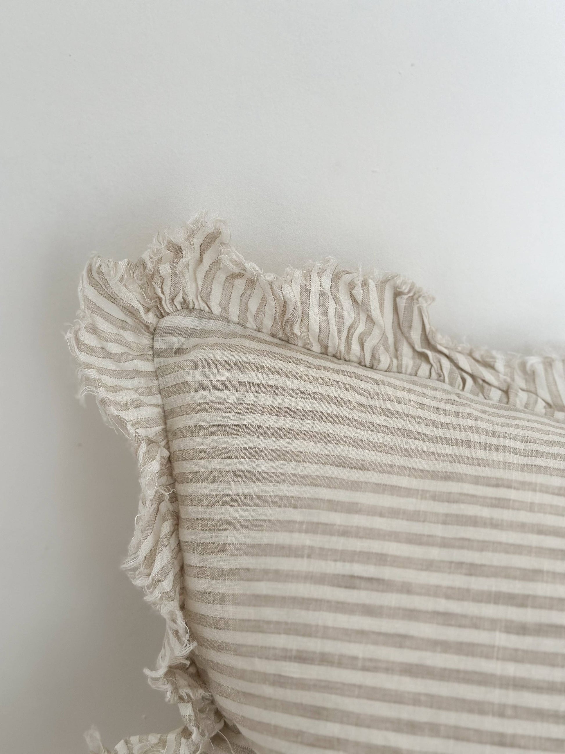 Hallie Ruffled Linen Cushion Cover 50x30 – Natural Beige Stripe