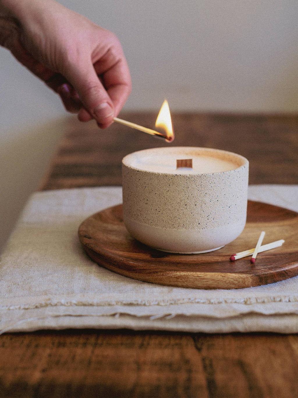 Stoneware Soy Wax Candle with Wooden Wick: Black Plum & Rhubarb