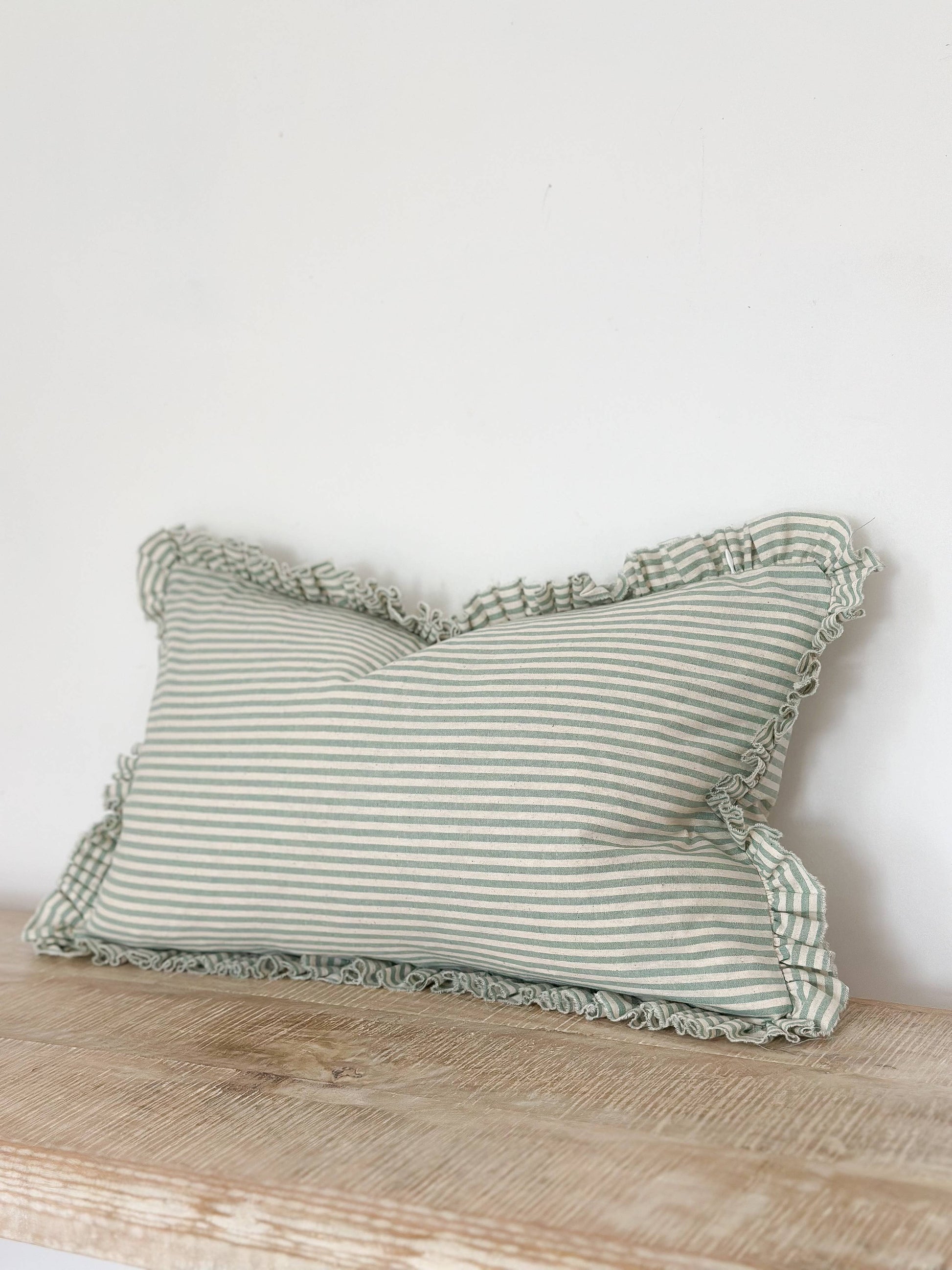 Darcy Ruffle Cotton Cushion Cover 50x30 – Sage Green Stripe