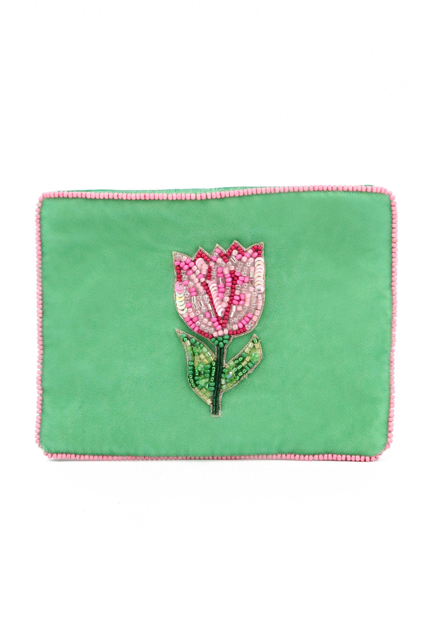 PINK TULIP ON GREEN SMALL POUCH