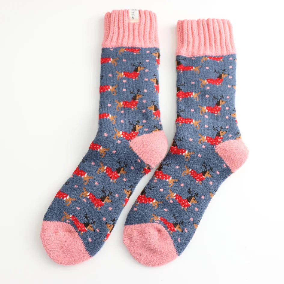 Miss Sparrow Winter Festive Sausage Dog Socks - Pink