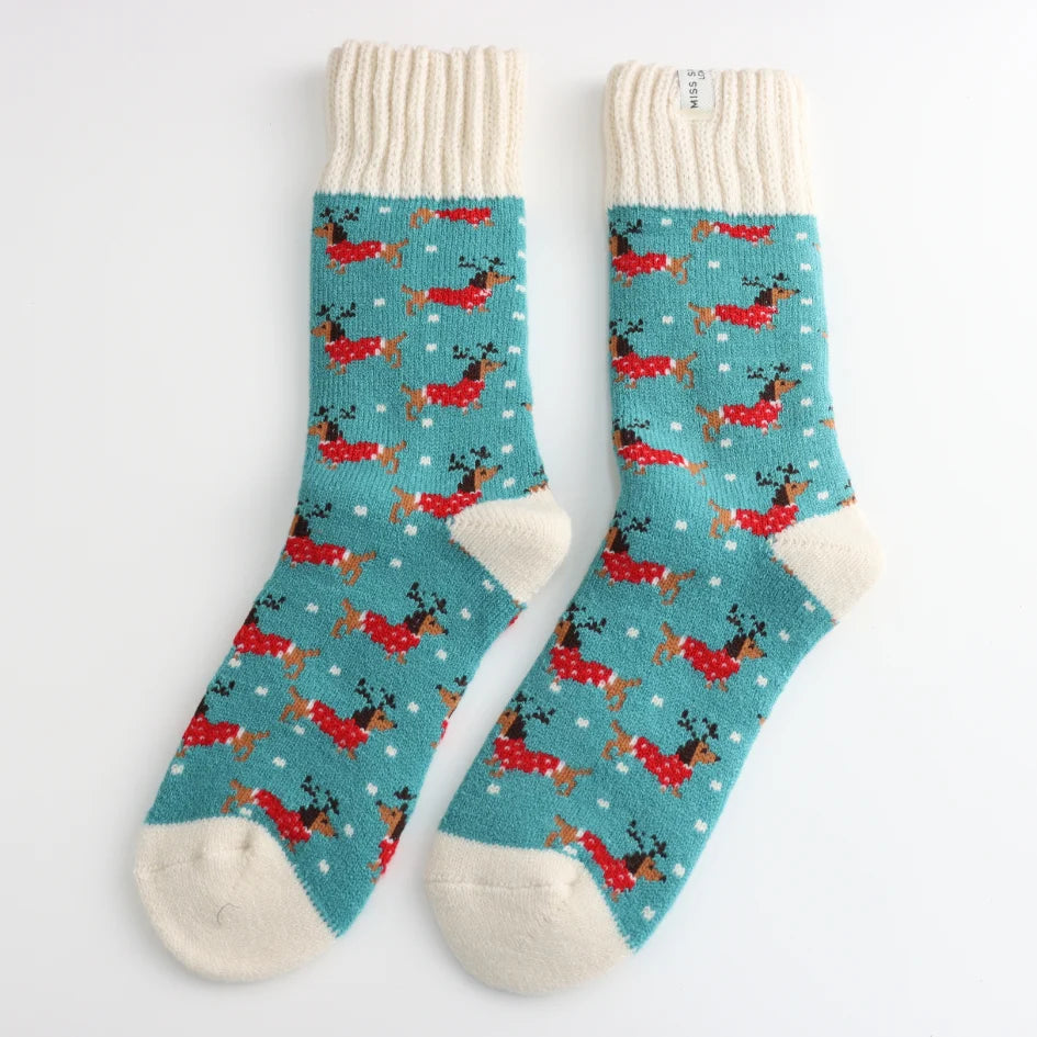 Miss Sparrow Winter Festive Sausage Dog Socks - White