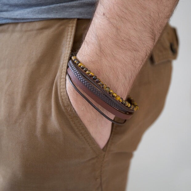 Men's Leather & Tigers Eye Bead Bracelet