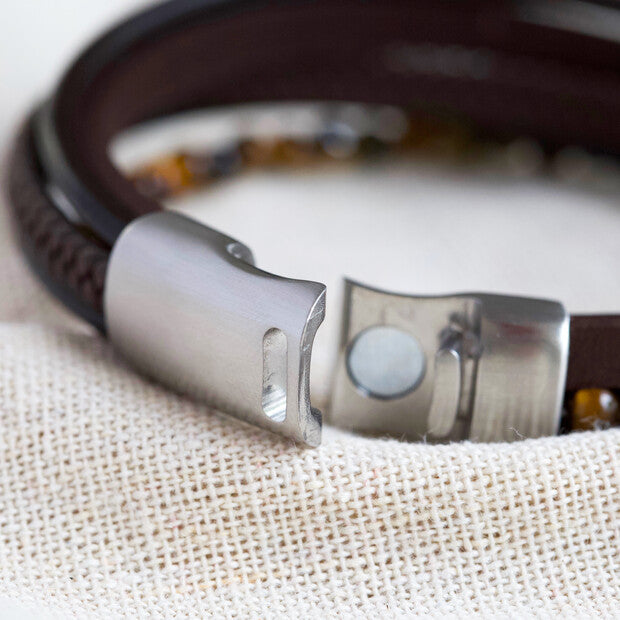 Men's Leather & Tigers Eye Bead Bracelet