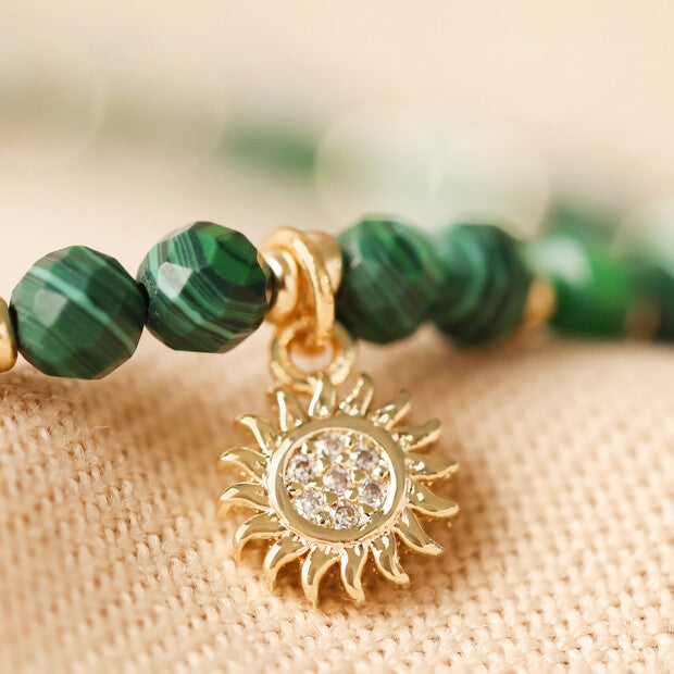 Green Semi-Precious Beaded Bracelet with Sun Charm in Gold